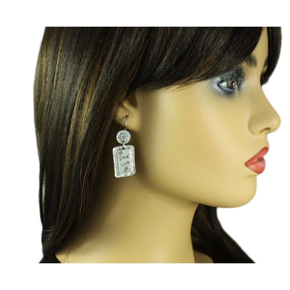 Antiqued Hammered Silver - tone Good Luck Pierced Earring - MEC150 - Lilylin Designs
