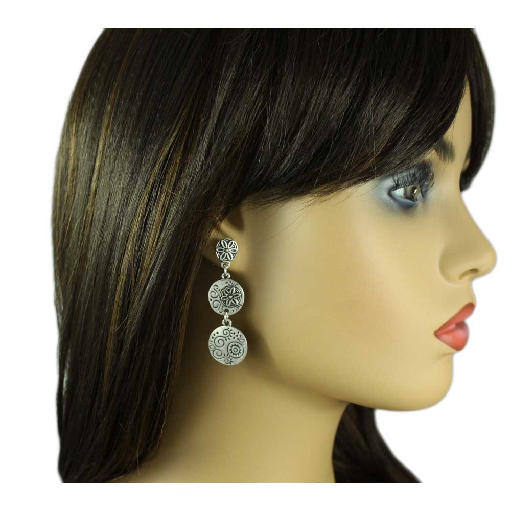 Trio of Dangling Floral Engraved Discs Pierced Earring - MEC153 - Lilylin Designs