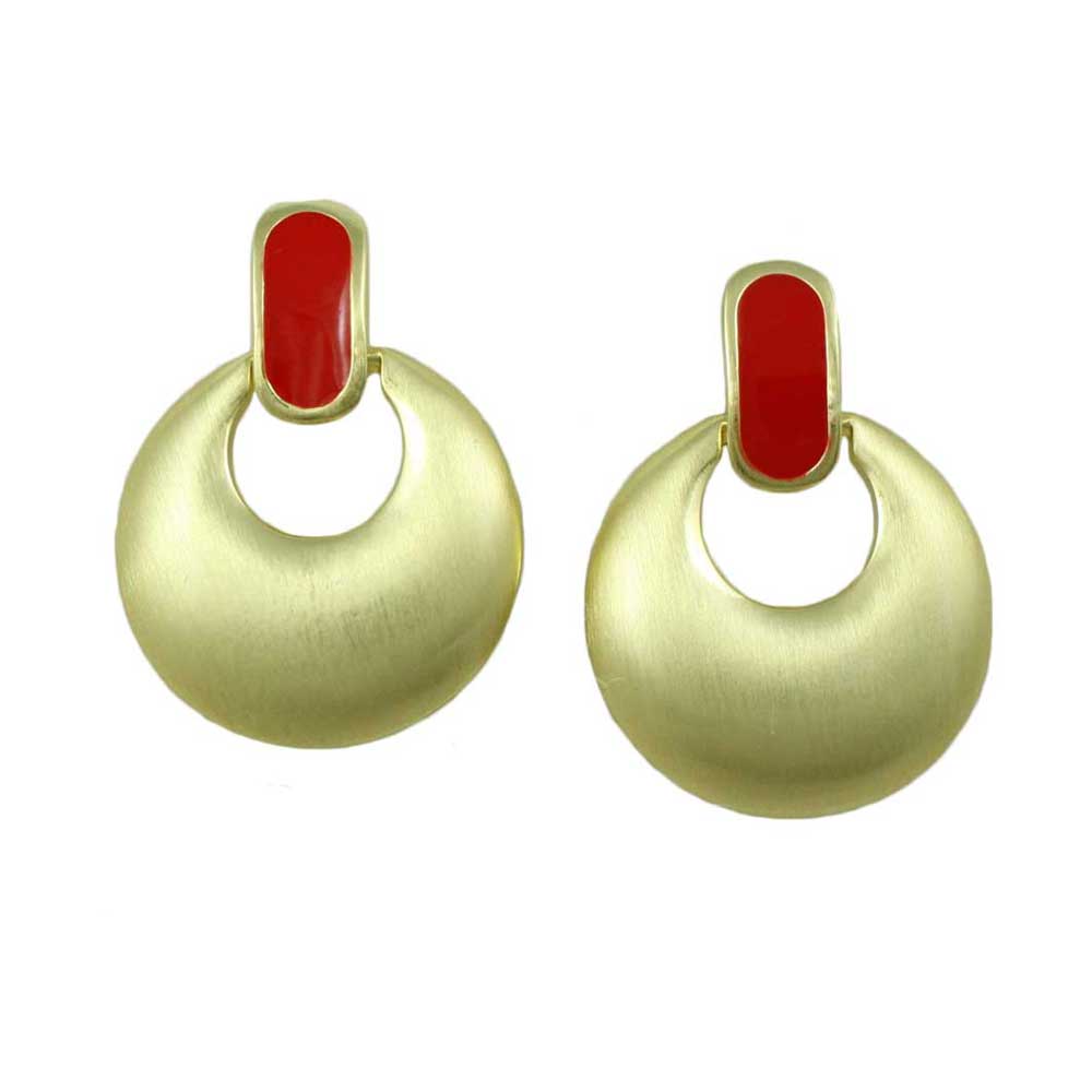 Lilylin Designs Brushed Gold with Red Enamel Doorknocker Clip Earring