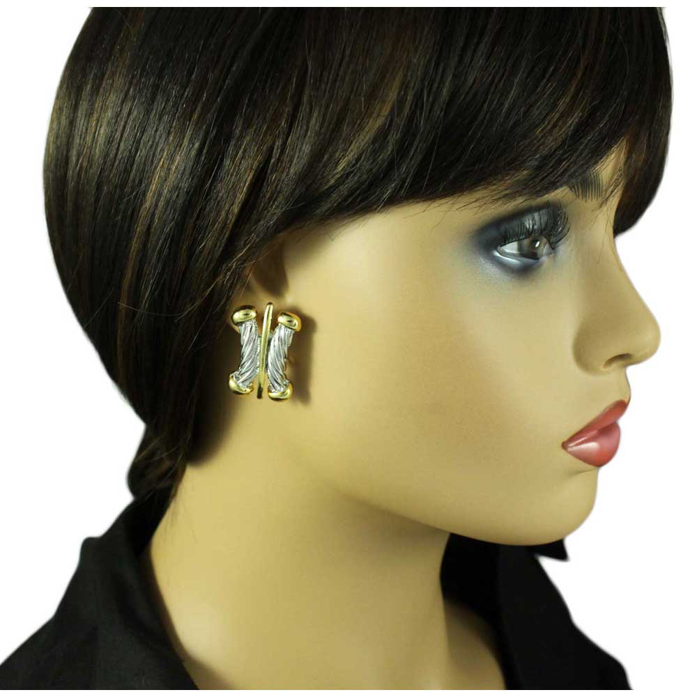 Silver and Gold Ribbed Bars Clip On Earring - MEC379 - Lilylin Designs