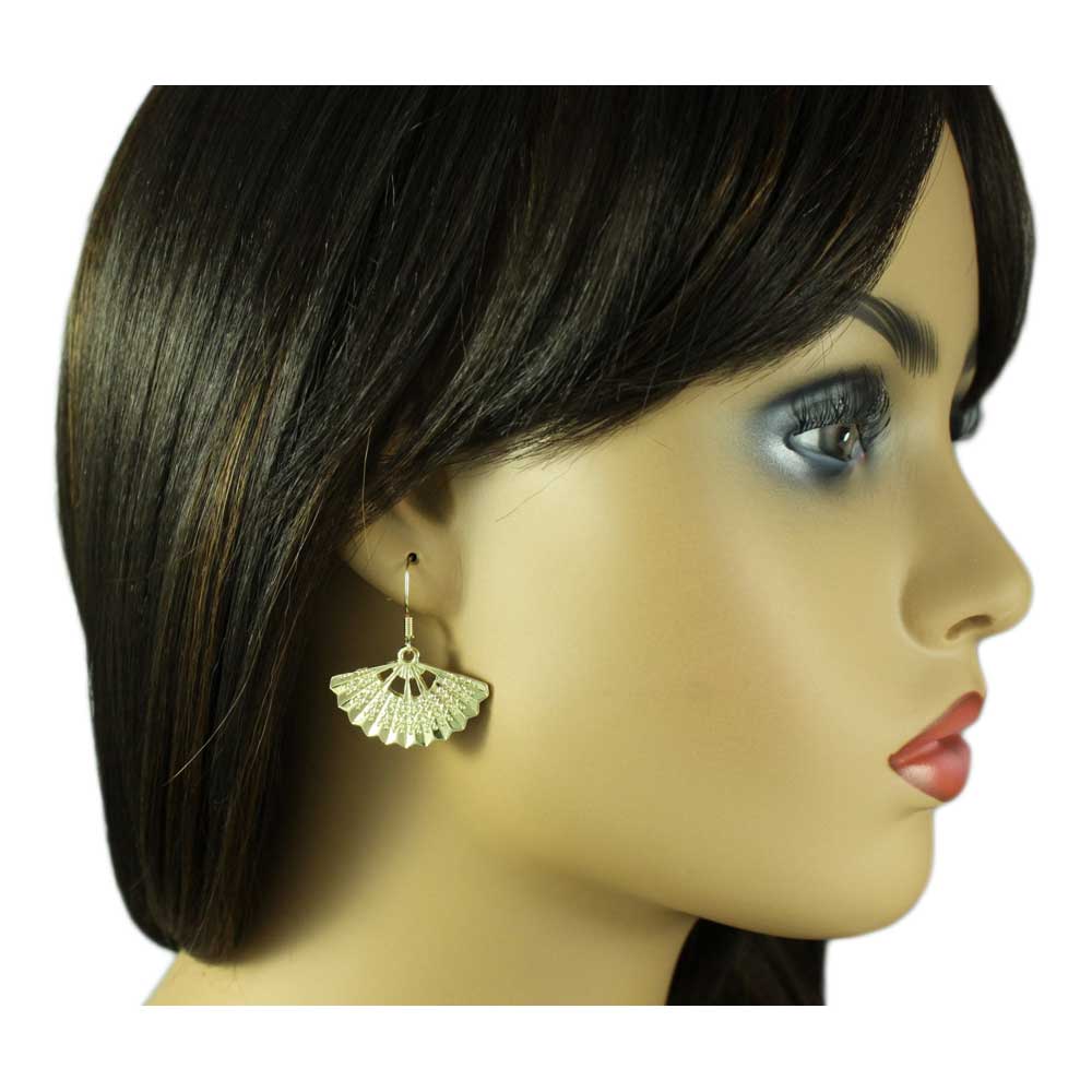 Gold Fan with Embossed Design Dangling Pierced Earring - MEC502 - Lilylin Designs
