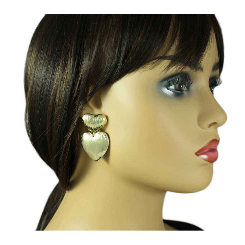 Double Gold Textured Hearts Dangling Pierced Earring - MEC503 - Lilylin Designs