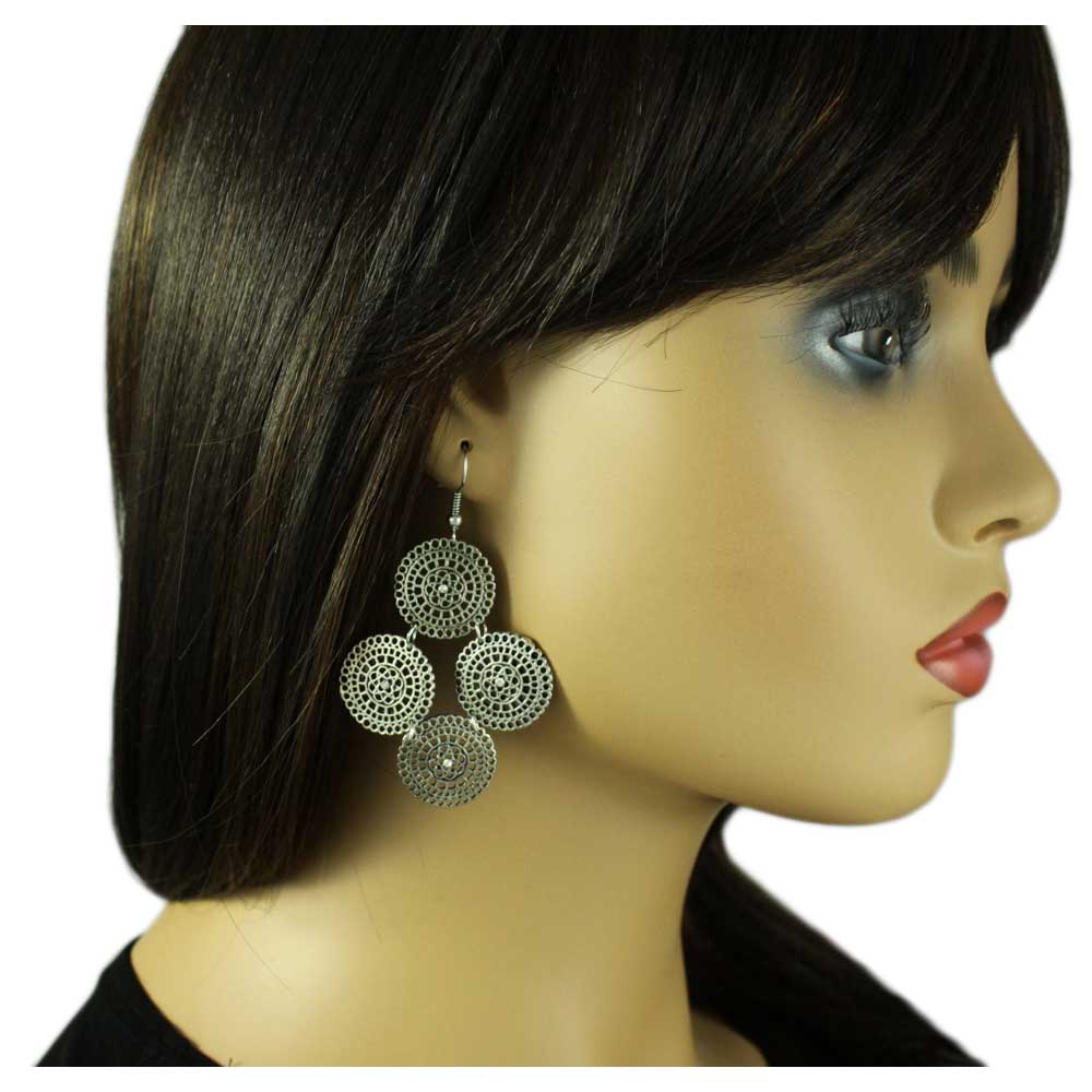 Silver Filigree Discs with Crystals Dangling Pierced Earring - MEC504 - Lilylin Designs