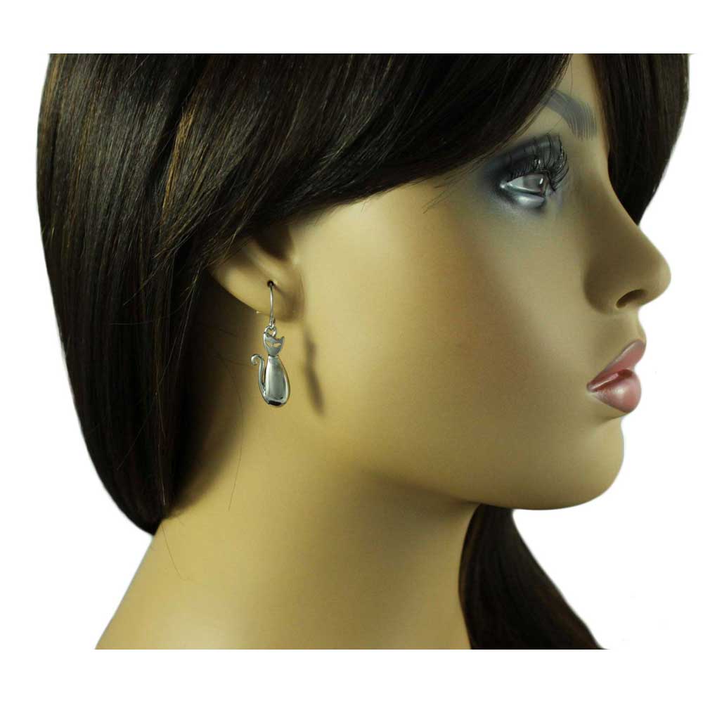Silver - tone Silhouette Cat Dangling Pierced Earring - MEC730 - Lilylin Designs