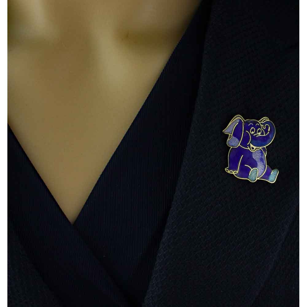 Model wearing Cloisonne Dark and Light Blue Elephant Brooch Pin - Lilylin Designs