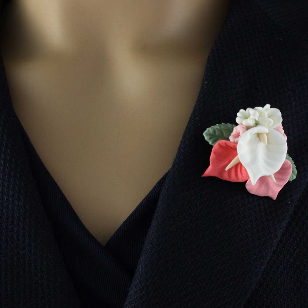 Clay Bouquet of Lilies and Daisies Flower Brooch Pin on navy blue jacket | Lilylin Designs