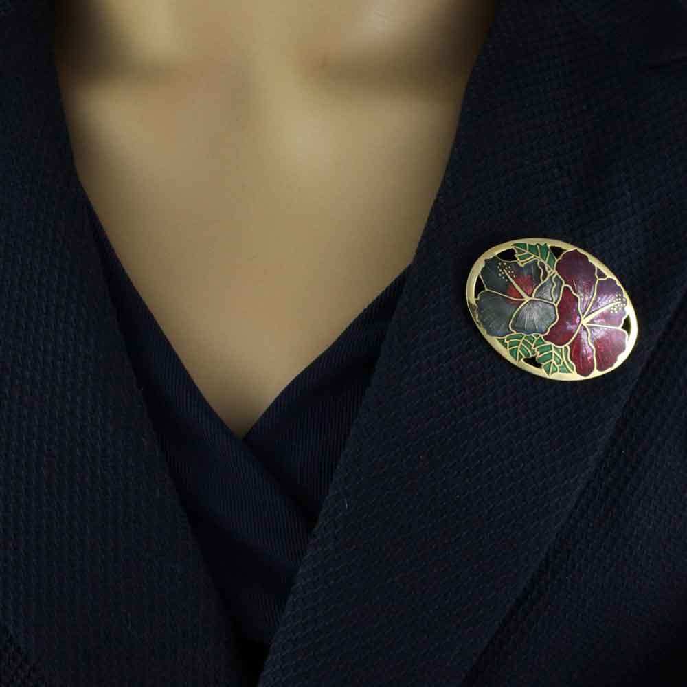 Red and Gray Hibiscus Cloisonne Flower Brooch Pin on navy blue jacket |- Lilylin Designs