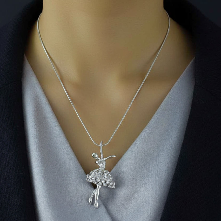 Model wearing Crystal Dancing Ballerina as a Pendant - Lilylin Designs