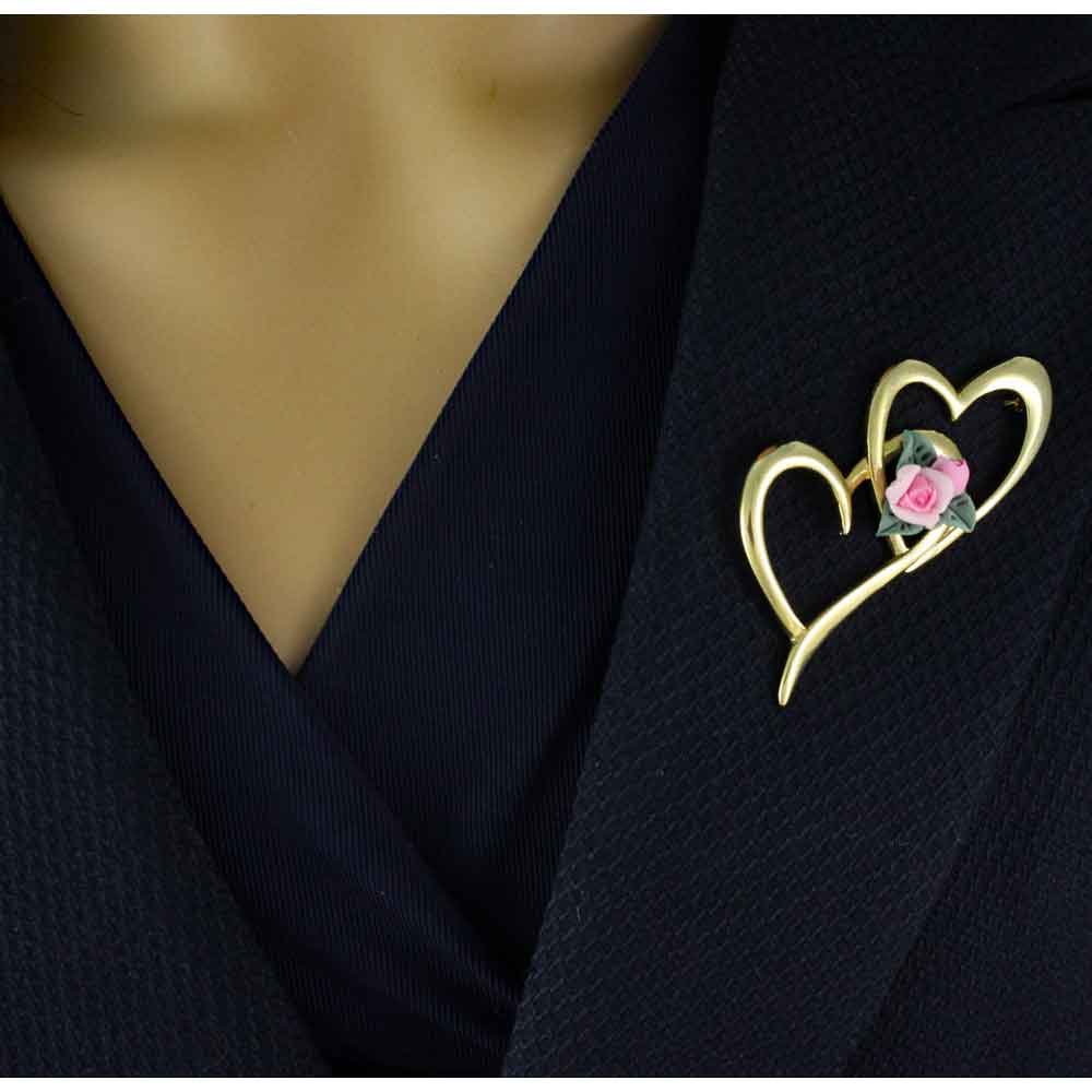 Large Gold Hearts with Pink Clay Rose Brooch Pin - Lilylin Designs