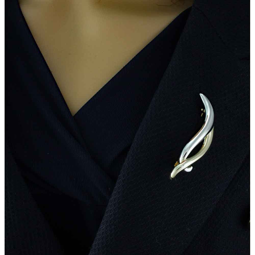 Silver and Gold Intertwined Bars Brooch Pin on model - Lilylin Designs