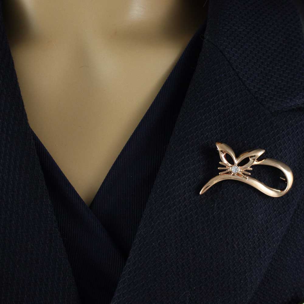 Model wearing Rose Gold Sleeping Cat with Crystal Nose Brooch Pin - Lilylin Designs