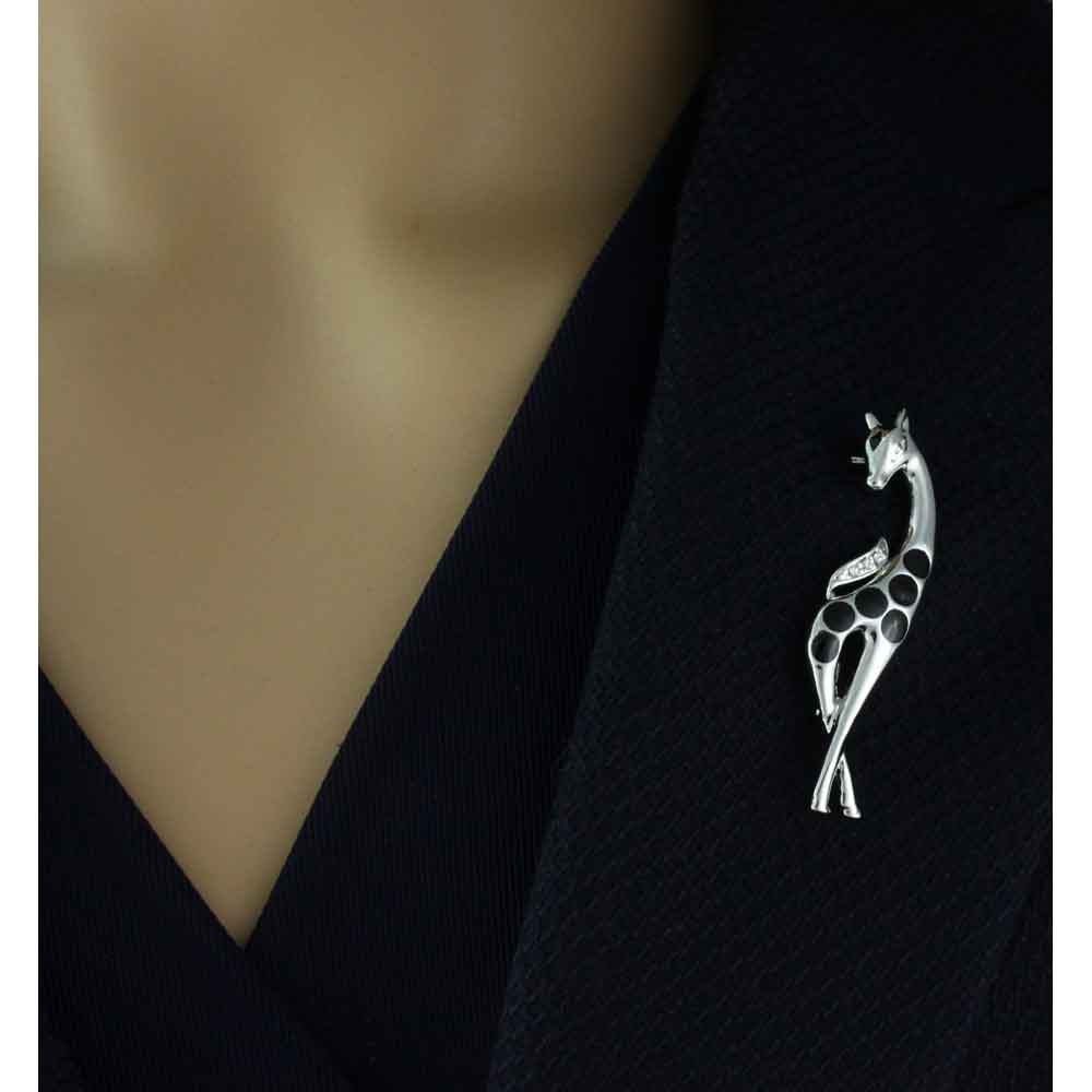 Model wearing small Giraffe with Black Enamel Spots Brooch Pin - Lilylin Designs