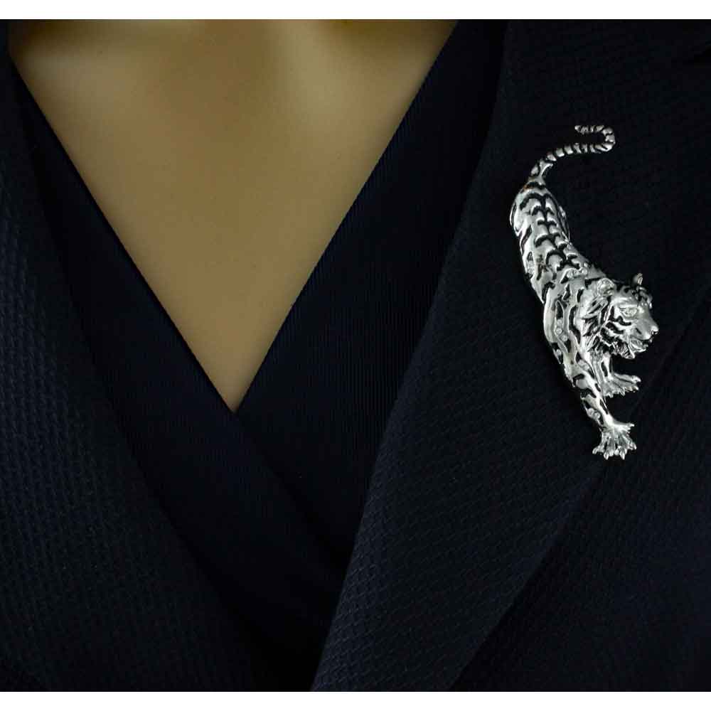 Model wearing Silver with Black Stripes Tiger on the Prowl Brooch Pin - Lilylin Designs