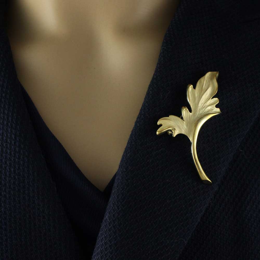 Model with gold curled leaf brooch pin - Lilylin Designs