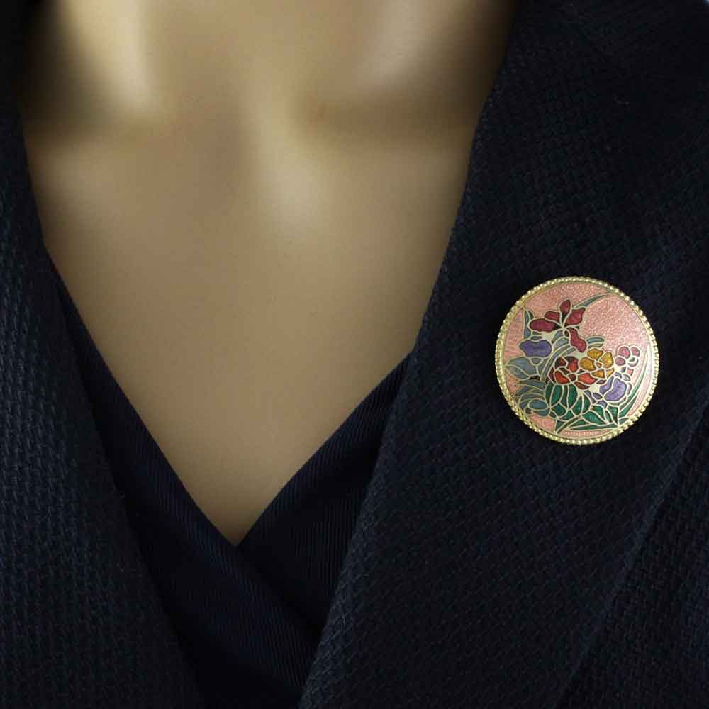 Peach Cloisonne Field of Flowers Brooch Pin on navy blue jacket - Lilylin Designs