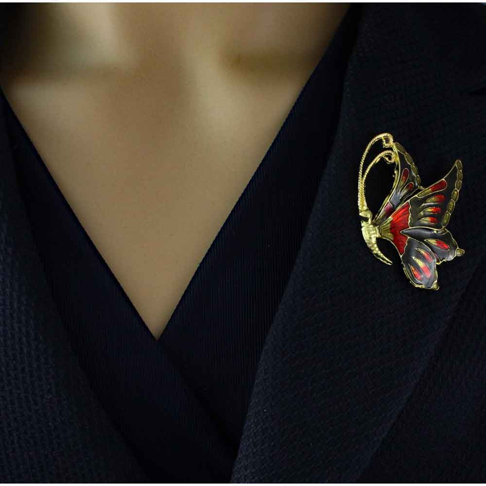 Model wearing Black and Red Enamel Profile Butterfly Brooch Pin - Lilylin Designs