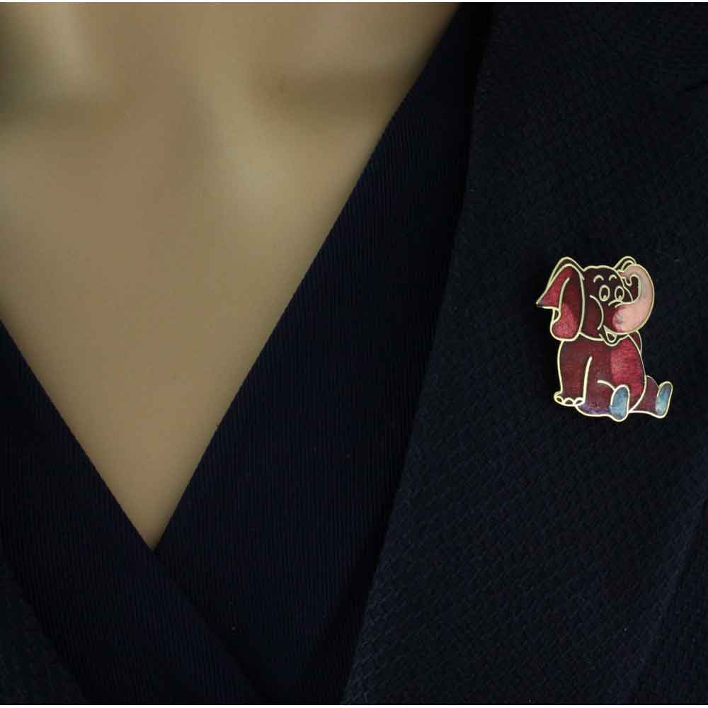 Model wearing Cloisonne Red Peach and Teal Elephant Brooch Pin - Lilylin Designs