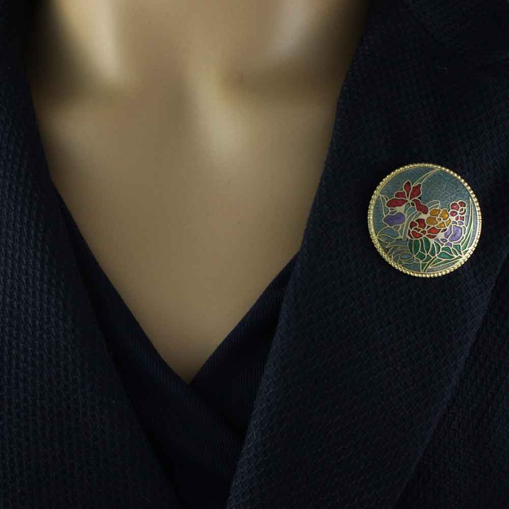 Dark Green Cloisonne Field of Flowers Brooch Pin on navy blue jacket - Lilylin Designs 