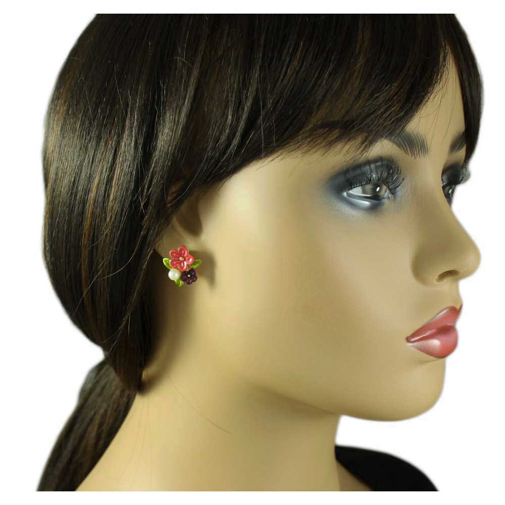 Red and Purple Enamel Flowers with Pearl Pierced Earring - PE106 - Lilylin Designs