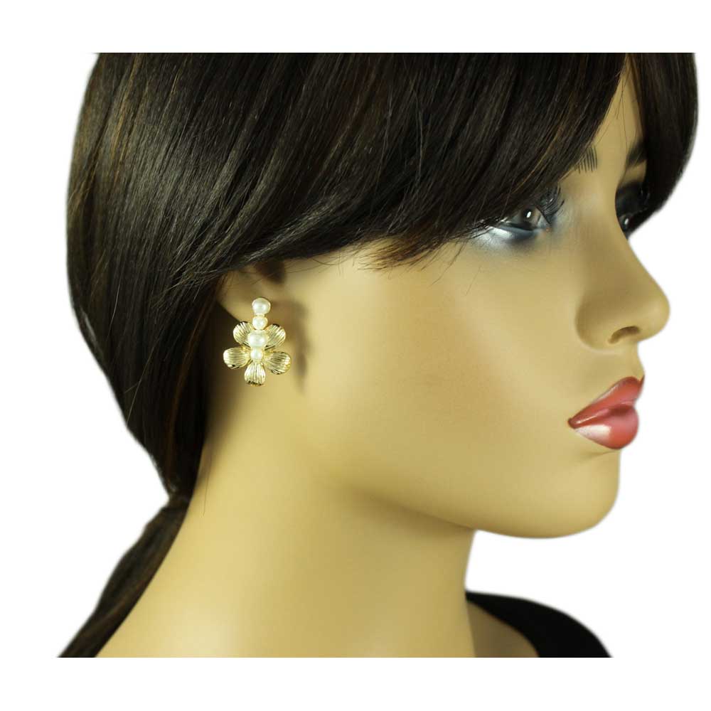 Gold Flower with 4 White Pearl Balls Pierced Earring - PE502 - Lilylin Designs