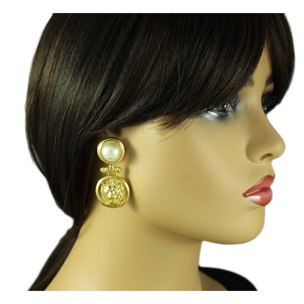 Large White Pearl with Lion Head Doorknocker Earring - PE550 - Lilylin Designs