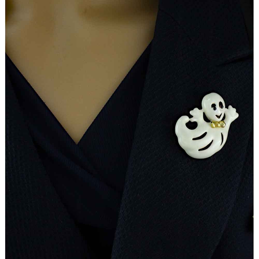 Cream Ghost with Gold Bowtie Halloween Brooch Pin - PF113 - Lilylin Designs