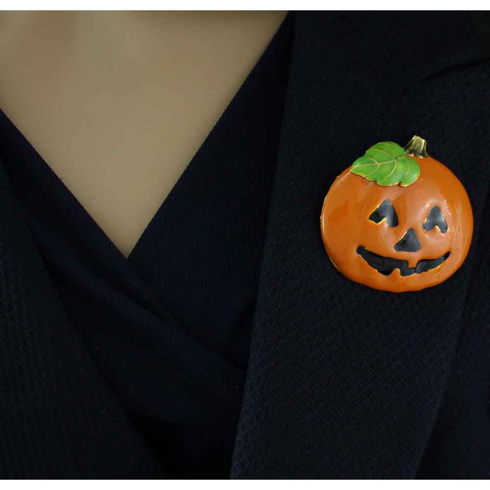 Orange Enamel Painted Face Jack O Lantern Pumpkin Brooch Pin - PF242 - Lilylin Designs