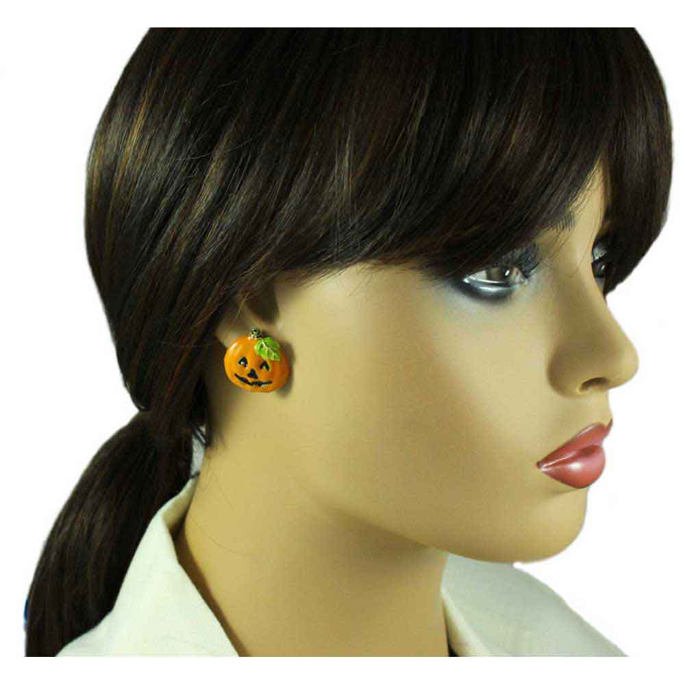 Model wearing Orange Jack O Lantern Pumpkin Halloween Pierced Earring - Lilylin Designs