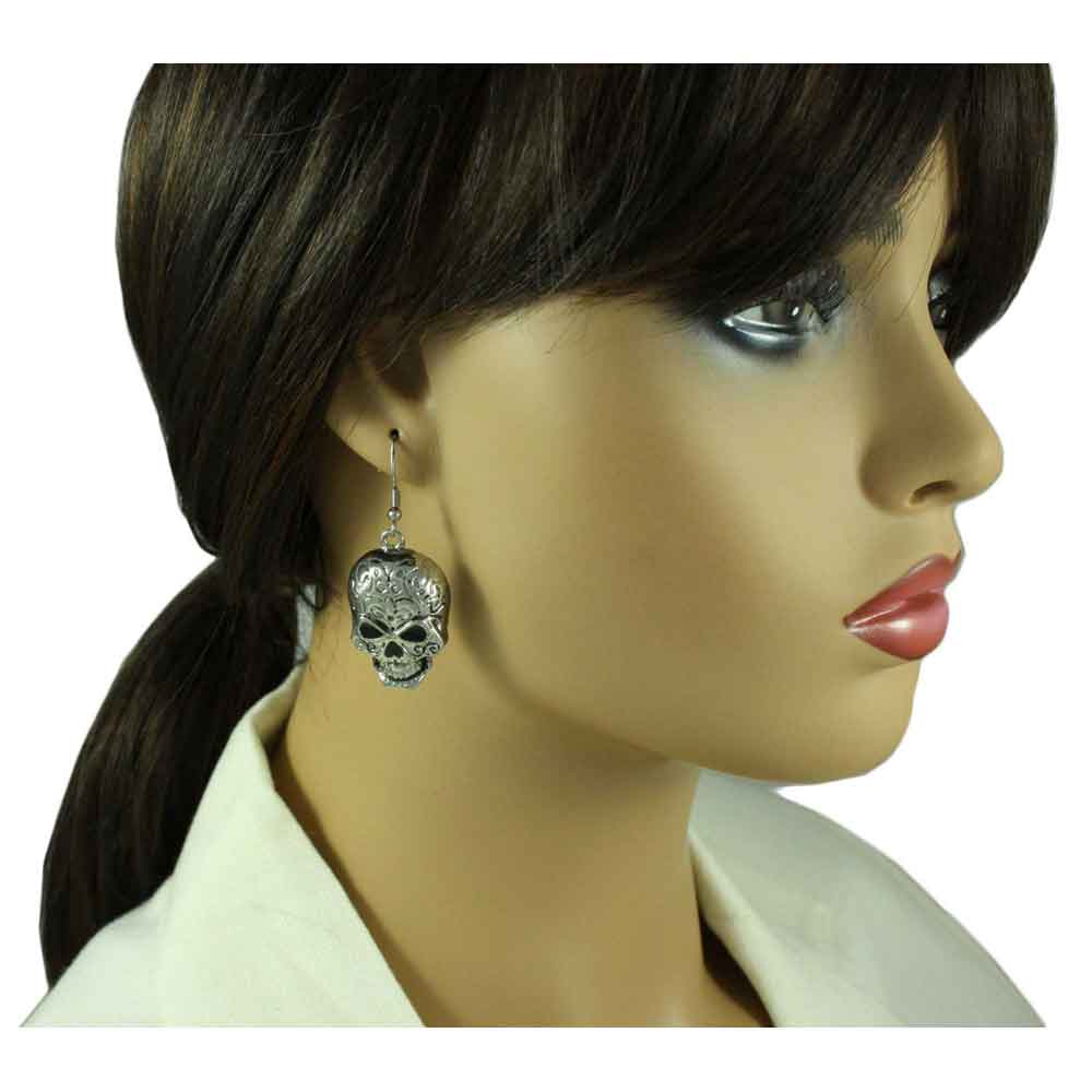 Antique Patterned Skull Dangling Pierced Earring - PF501E - Lilylin Designs