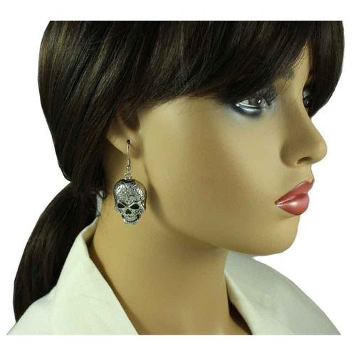 Model wearing Antique Patterned Skull Dangling Pierced Earring - Lilylin Designs