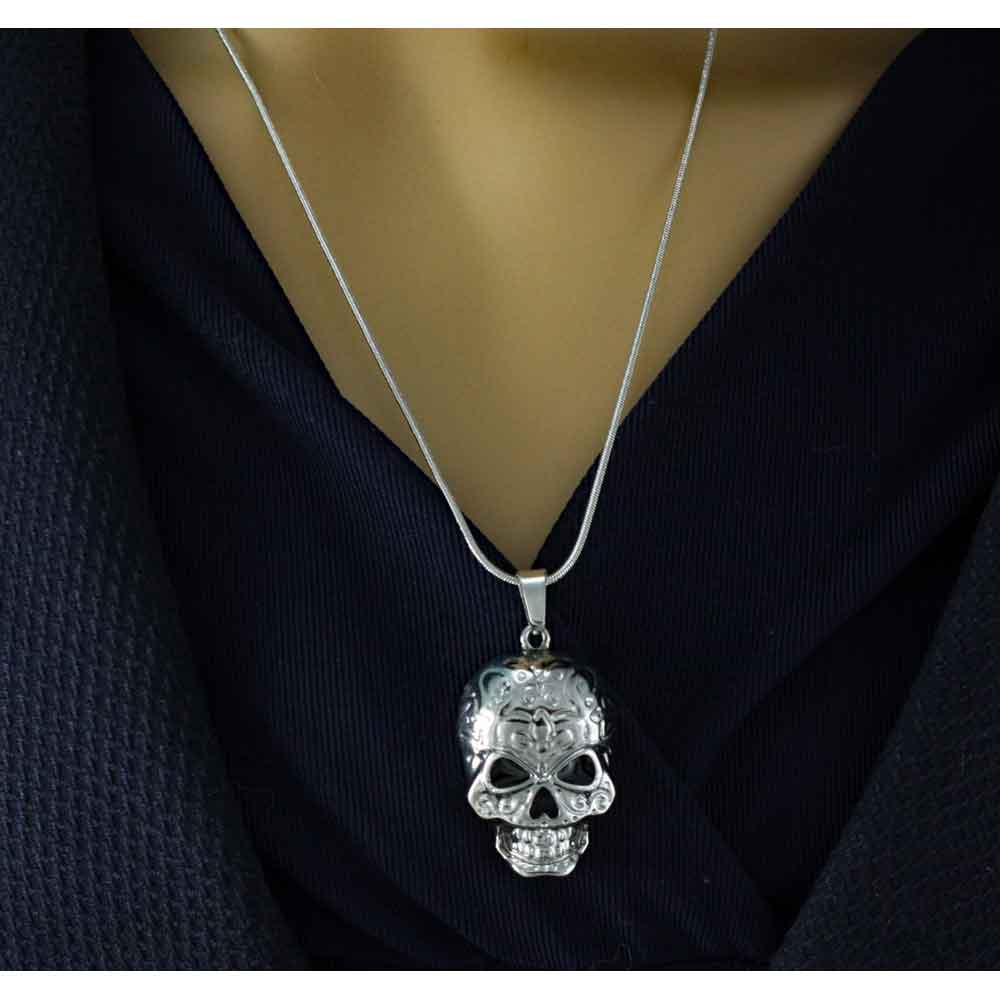 Patterned Antiqued Silver - tone Skull Pendant with Chain - PF501PT - Lilylin Designs