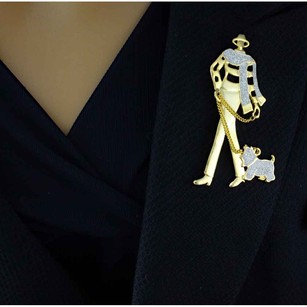 Glittering Elegant Lady Walking Scotty Dog Brooch Pin - PF512 - Lilylin Designs