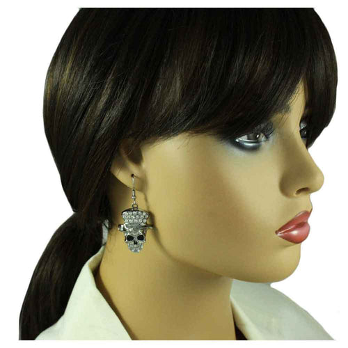 Model wearing Antique Skull with Crystal Hat Dangling Earring - Lilylin Designs