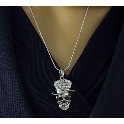 Model wearing Antique Skull with Crystal Hat Pendant with Chain - Lilylin Designs