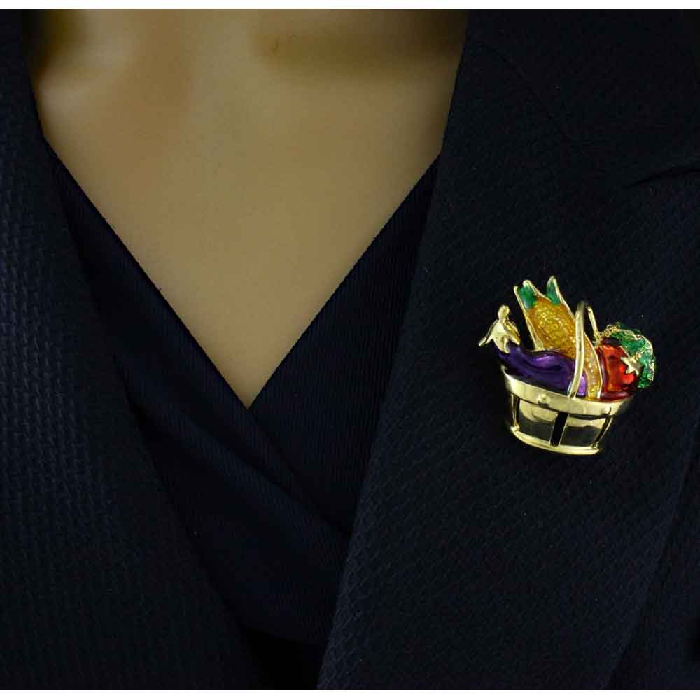 Gold Basket Filled with Vegetables Brooch Pin - PF923 - Lilylin Designs