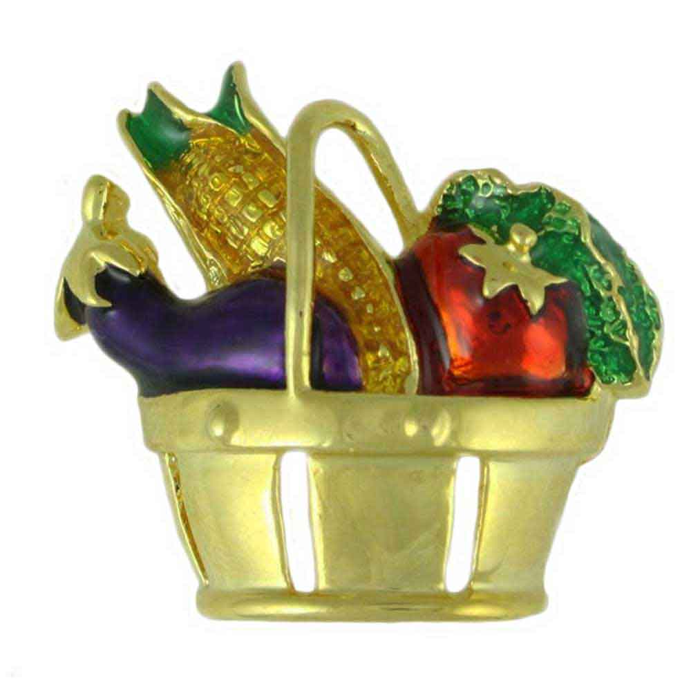 Lilylin Designs Gold Basket Filled with Vegetables Brooch Pin