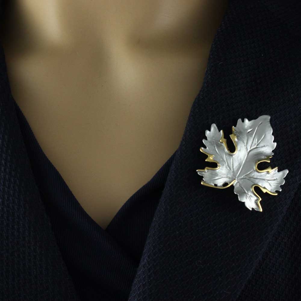 Silver Maple Leaf Edged with Gold Brooch Pin - PF947 - Lilylin Designs