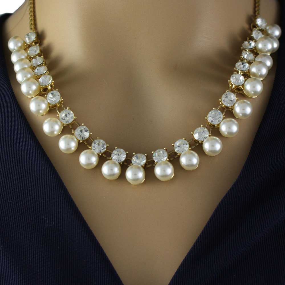 White Dangling Pearls with Round Clear Crystals Necklace - PNS401 - Lilylin Designs