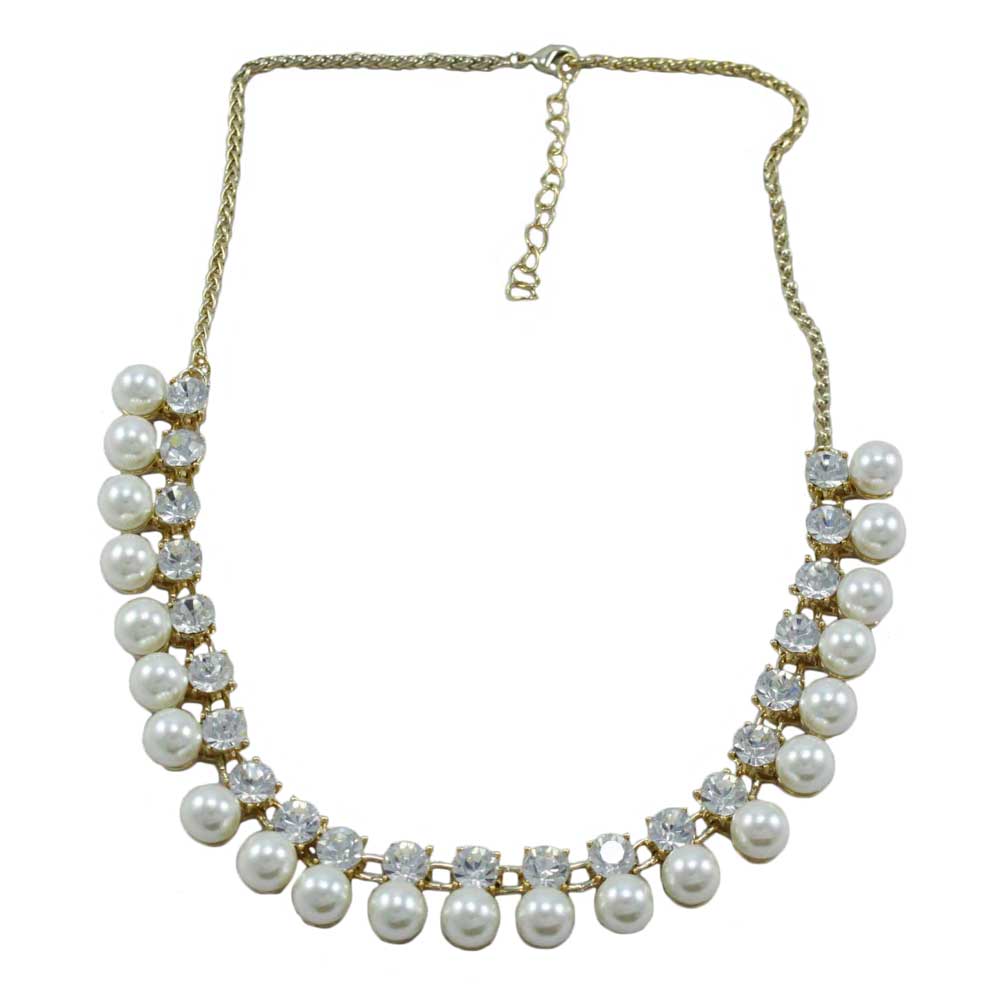 White Dangling Pearls with Round Clear Crystals Necklace - PNS401 - Lilylin Designs
