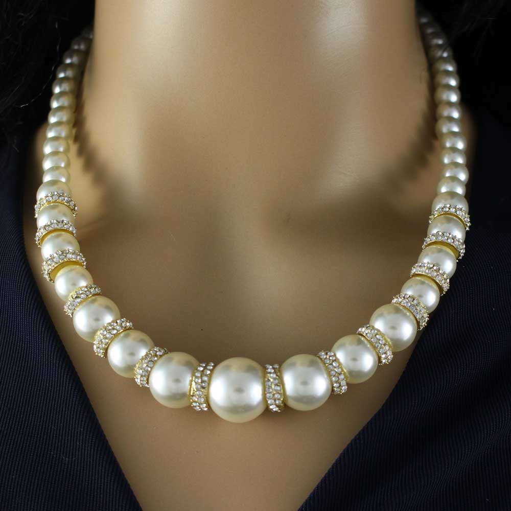 White Pearls with Gold and Crystal Rondelles Necklace - PNS402 - Lilylin Designs