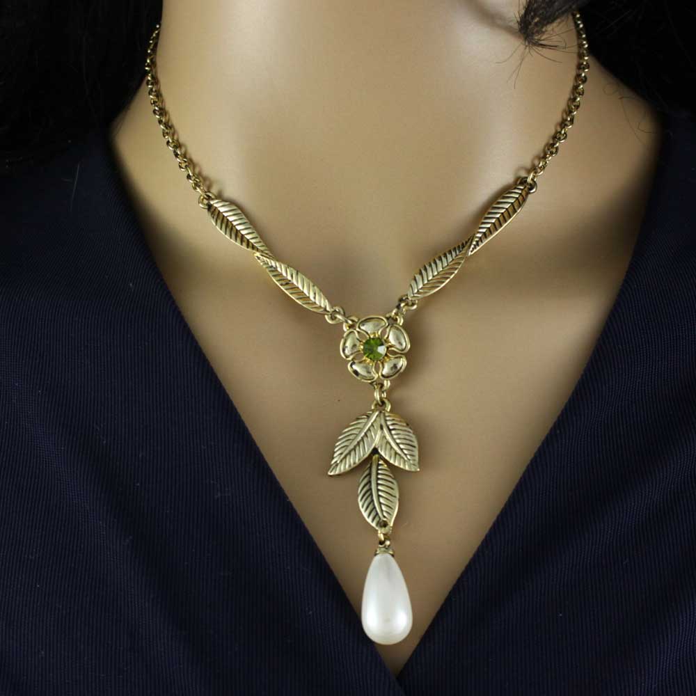 Gold Flower and Leaves with Dangling Pearl Necklace - PNS403 - Lilylin Designs