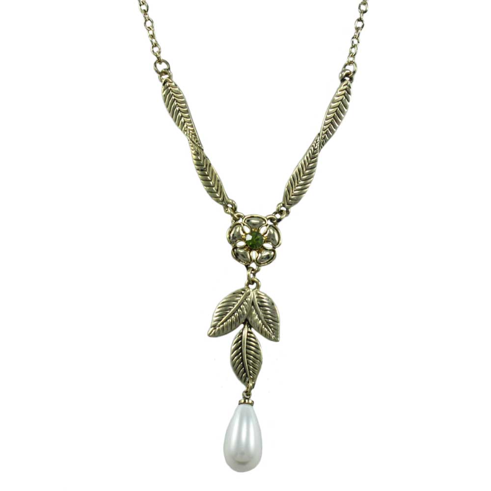 Lilylin Designs Gold Flower and Leaves with Dangling Pearl Necklace