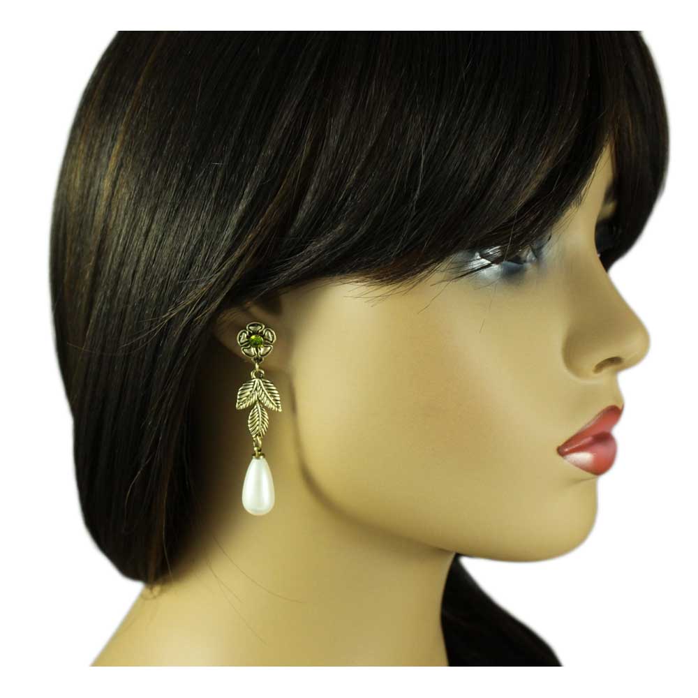 Gold Flower with Dangling White Pearl Pierced Earring - PNS403E - Lilylin Designs