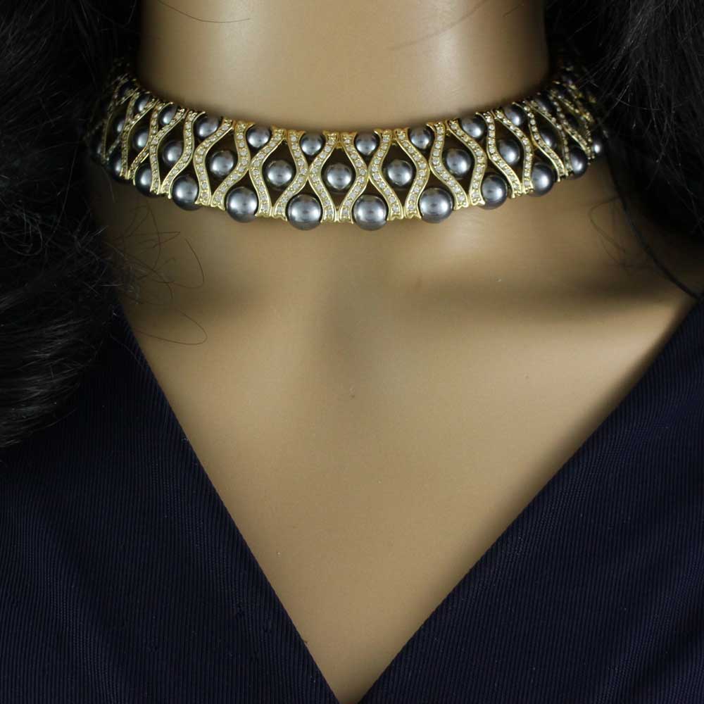 Elegant Gray Pearls with Clear Crystals Bib Choker - PNS802G - Lilylin Designs