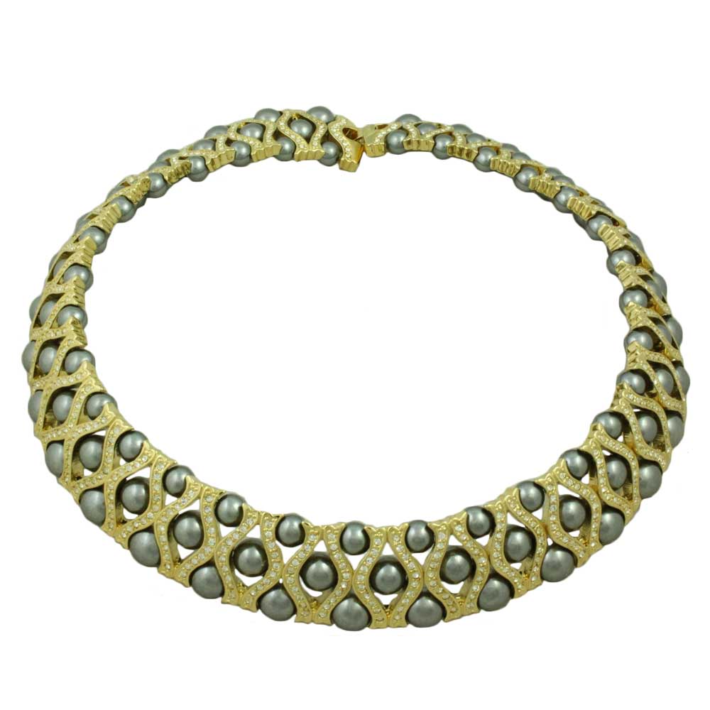 Elegant Gray Pearls with Clear Crystals Bib Choker - PNS802G - Lilylin Designs