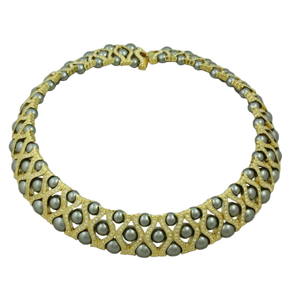 Lilylin Designs Gold Choker with Gray Pearls and Crystal and Earrings-necklace
