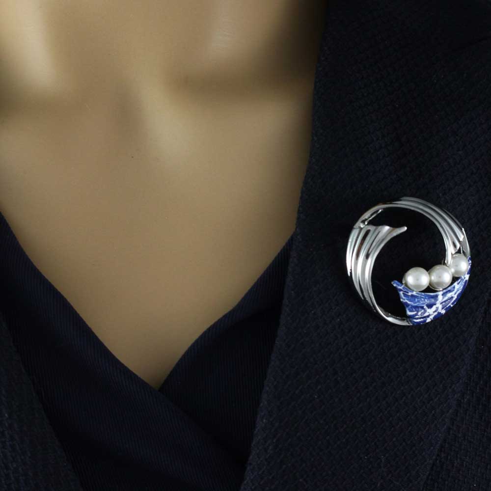 Waves with Blue Crackled Enamel and Pearls Brooch Pin - PP700 - Lilylin Designs