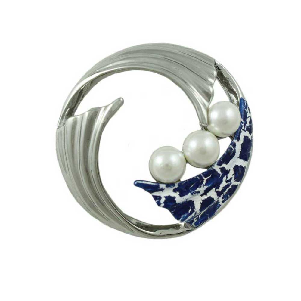 Lilylin Designs Silver Waves with Blue Crackled Enamel and Pearls Pin