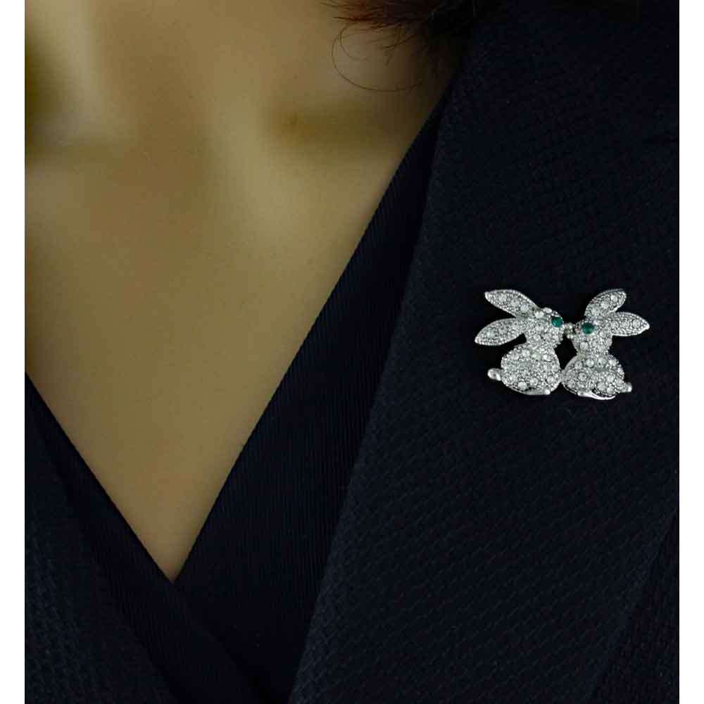 Crystal Kissing Easter Bunnies Brooch Pin in Silver - PRA012 - Lilylin Designs