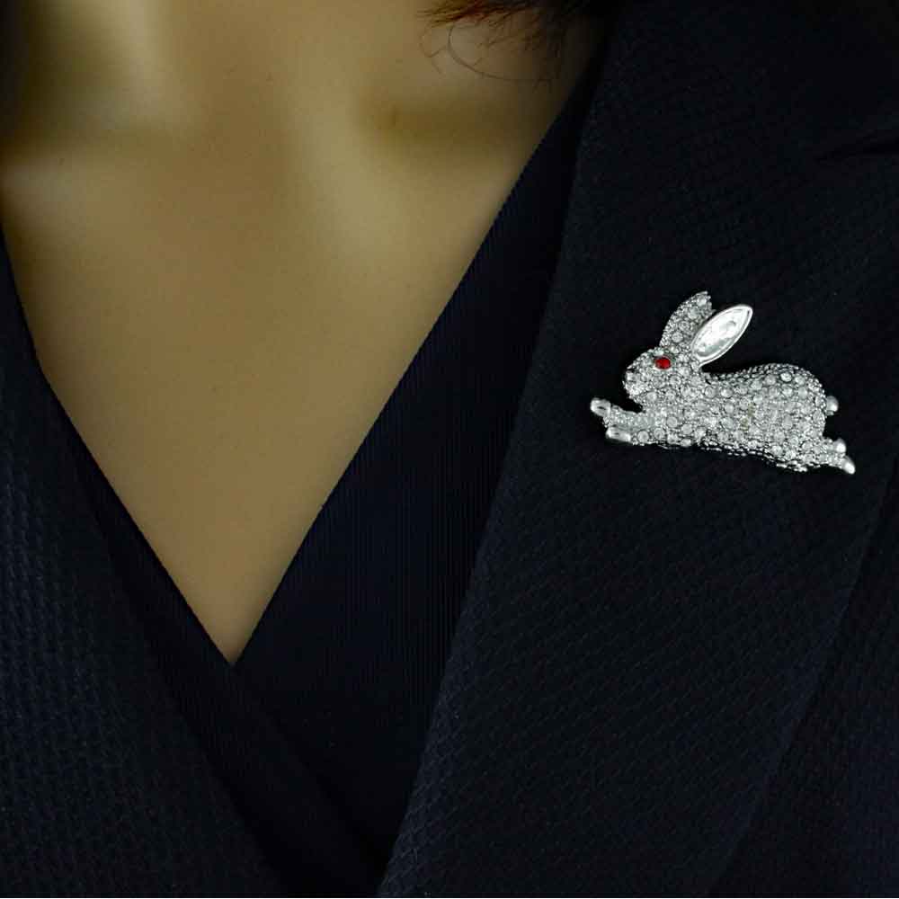 Crystal Leaping Bunny with Red Eye Brooch Pin - PRA012A - Lilylin Designs